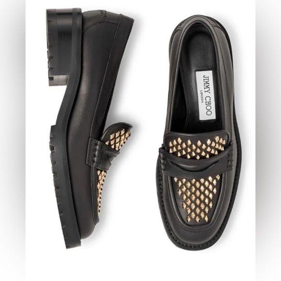 Jimmy Choo Deanna Black Gold Spiked Slip In Embellished Loafer Shoes 37.5 New - Picture 5 of 15